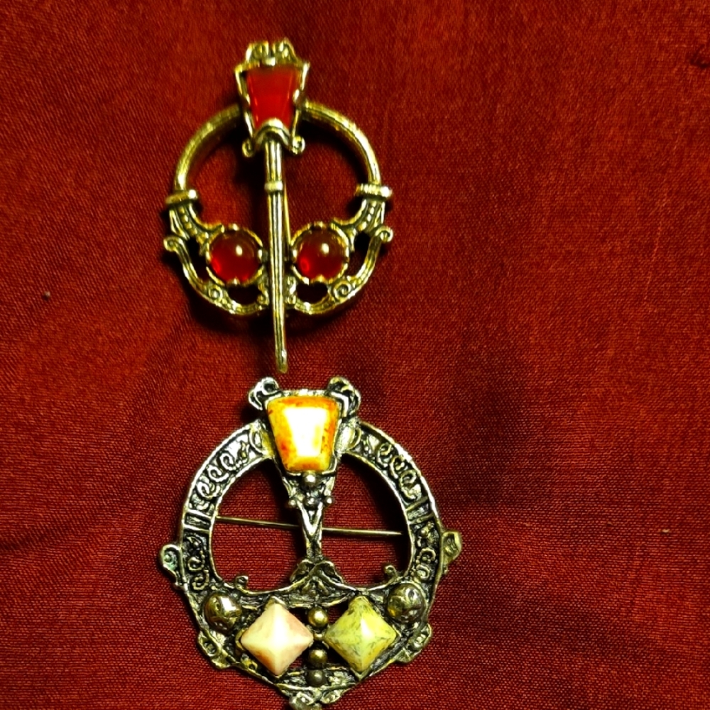 TwoVintage Gold and Red Brooch Set